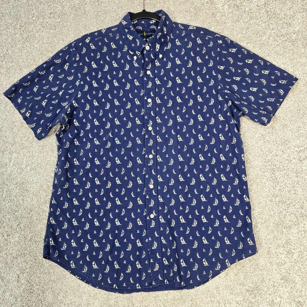 Ralph Lauren Sailboat Print short sleeve Shirt Blue Mens‎ Large Nautical cotton